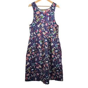 VTG Bryn Connelly Nautical novelty Print Midi Dress Navy retro cottage sz S